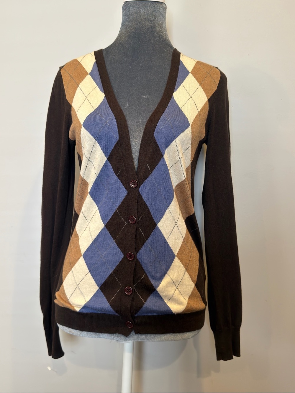 Massimo Dutti Brown Blue Cream Argyle V-Neck Cardigan